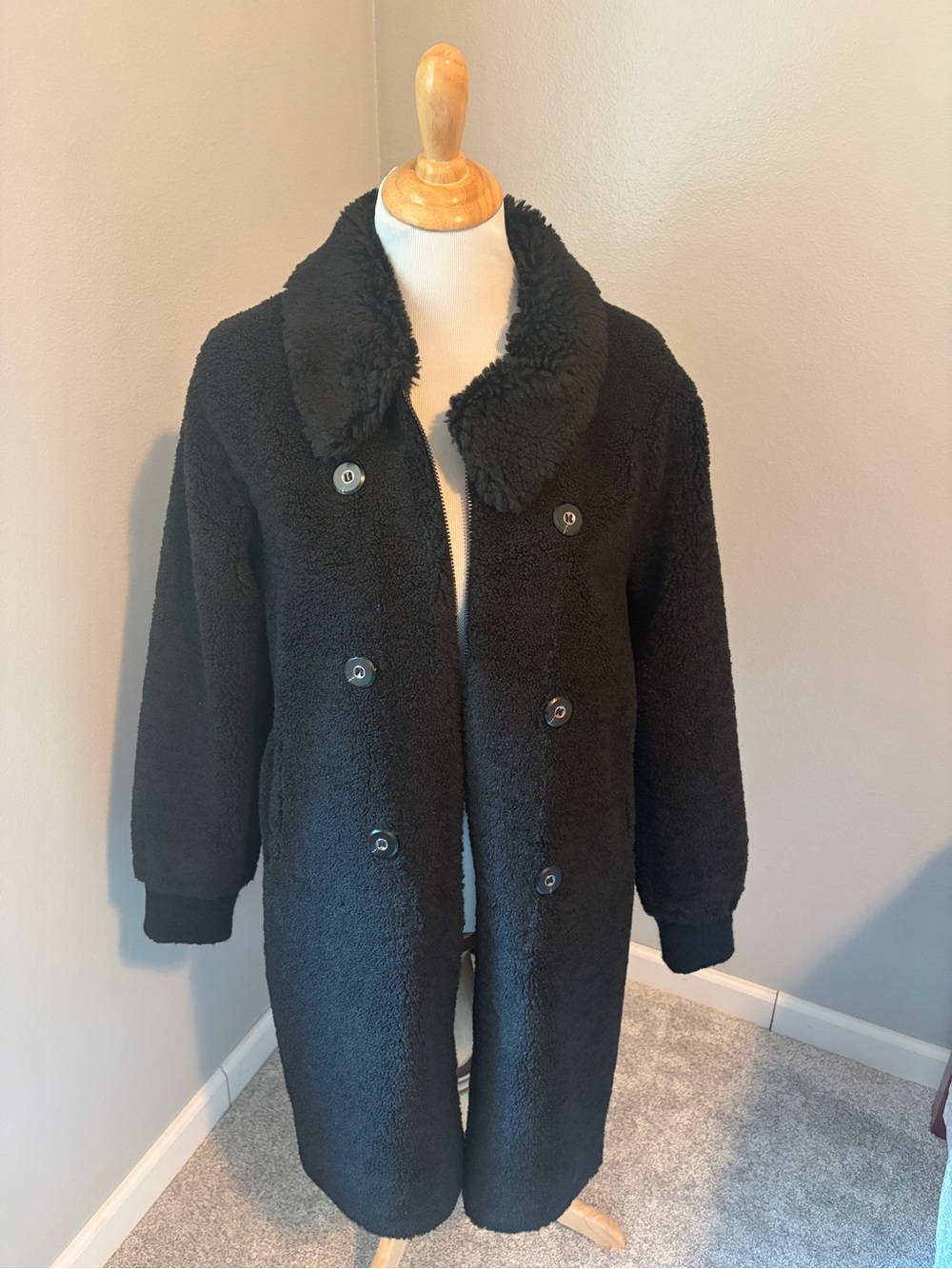 CAbi Black Plush Teddy Vail Coat with Sherpa Collar #4622